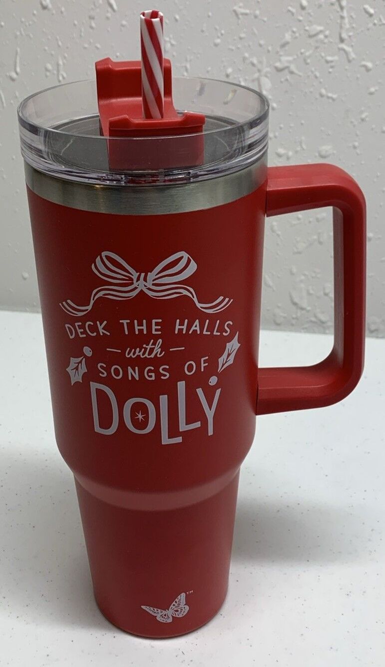 Deck The Halls Songs Of Dolly Tumbler 2025 DG 40oz Red Peppermint Straw New